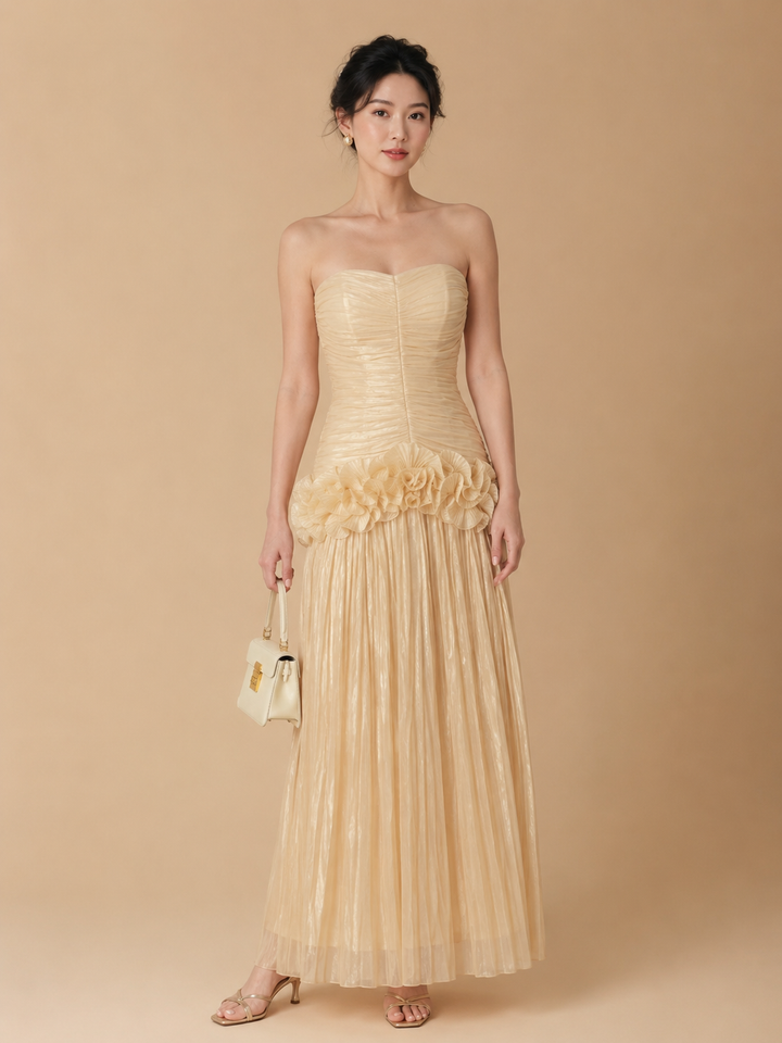 Miri - Metallic Pleated Strapless Maxi Dress Yellow