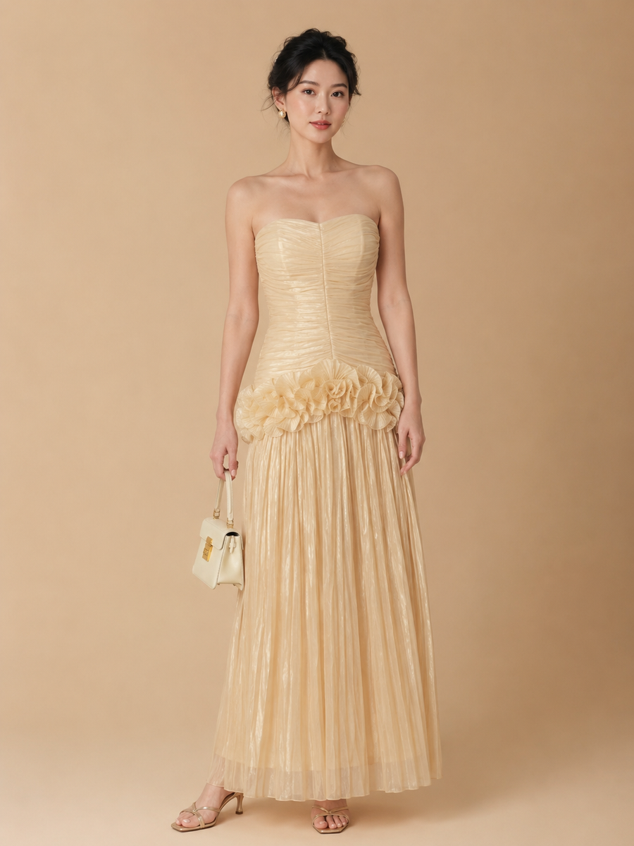 Miri - Metallic Pleated Strapless Maxi Dress Yellow