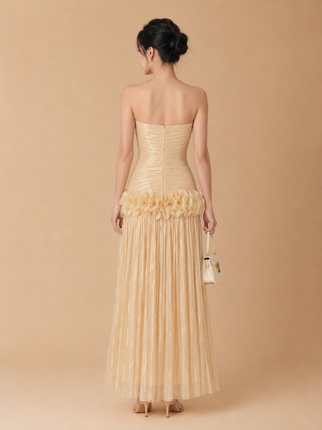 Miri - Metallic Pleated Strapless Maxi Dress Yellow
