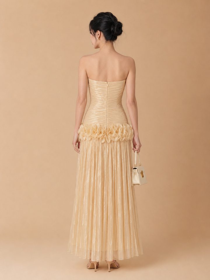 Miri - Metallic Pleated Strapless Maxi Dress Yellow