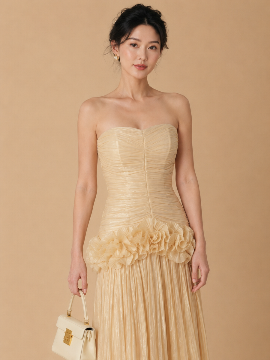 Miri - Metallic Pleated Strapless Maxi Dress Yellow