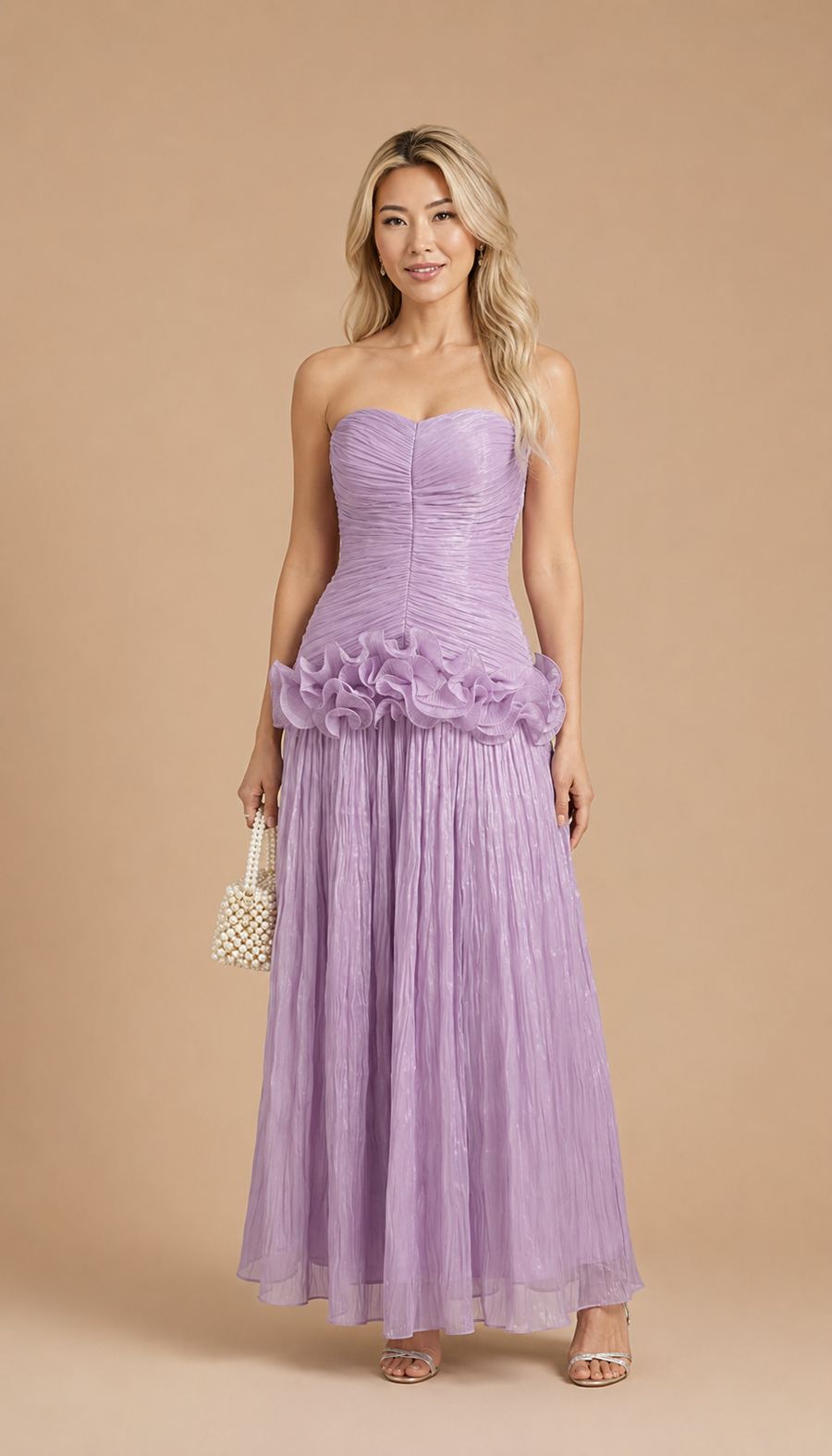 Miri - Metallic Pleated Strapless Maxi Dress Purple