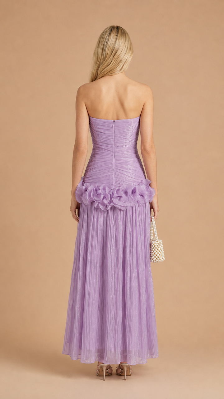 Miri - Metallic Pleated Strapless Maxi Dress Purple