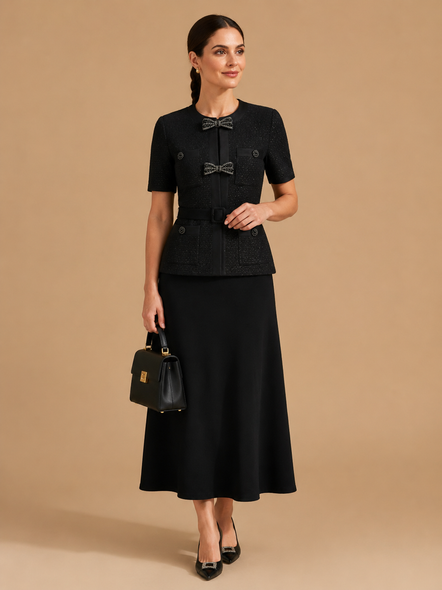Caldera - Slimming Knitted Top with Bow Accents and Skirt Set