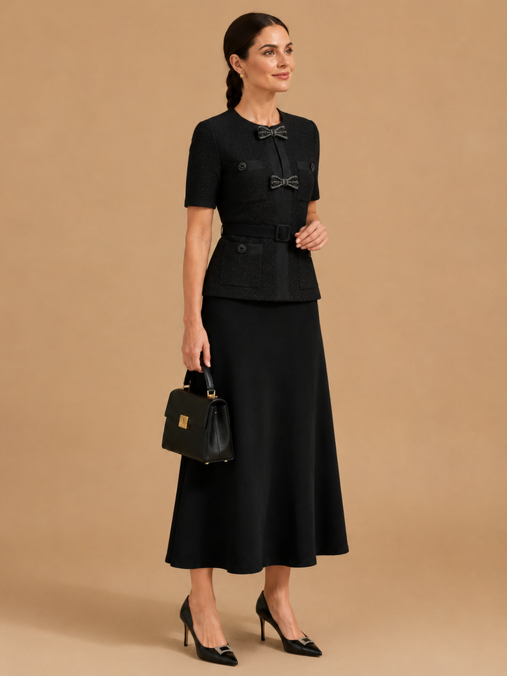 Caldera - Slimming Knitted Top with Bow Accents and Skirt Set