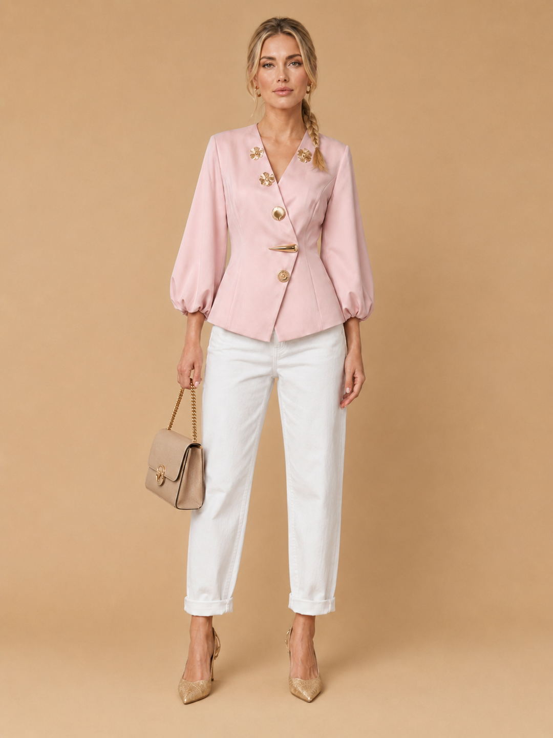 Keni - Metal-Button Puff-Sleeve Top Pink