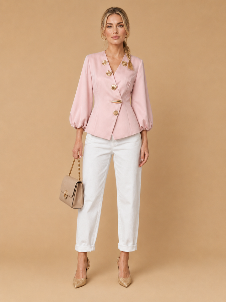 Keni - Metal-Button Puff-Sleeve Top Pink