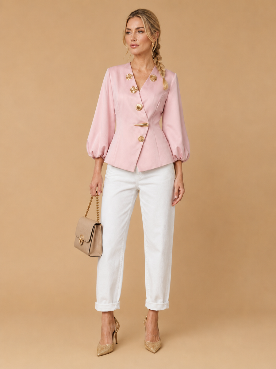 Keni - Metal-Button Puff-Sleeve Top Pink