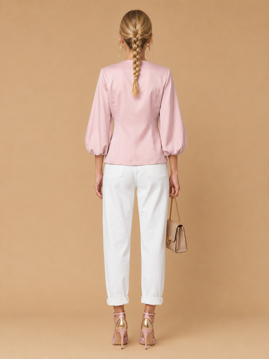 Keni - Metal-Button Puff-Sleeve Top Pink