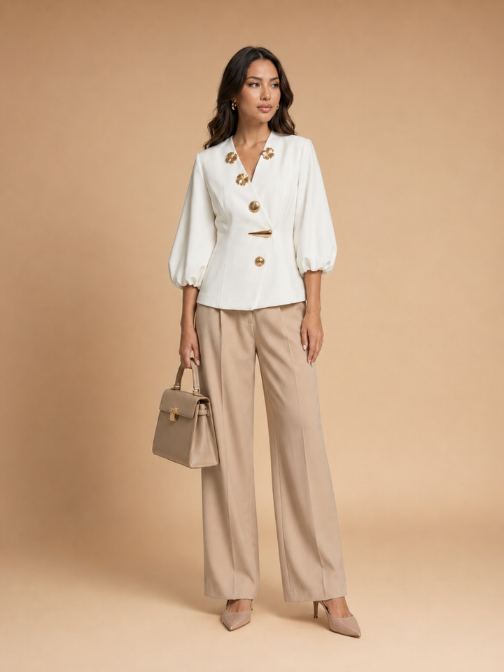 Keni - Metal-Button Puff-Sleeve Top White