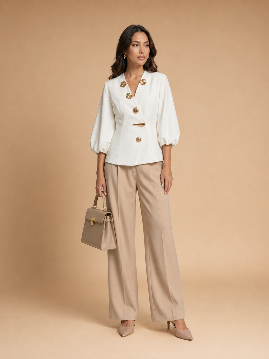 Keni - Metal-Button Puff-Sleeve Top White