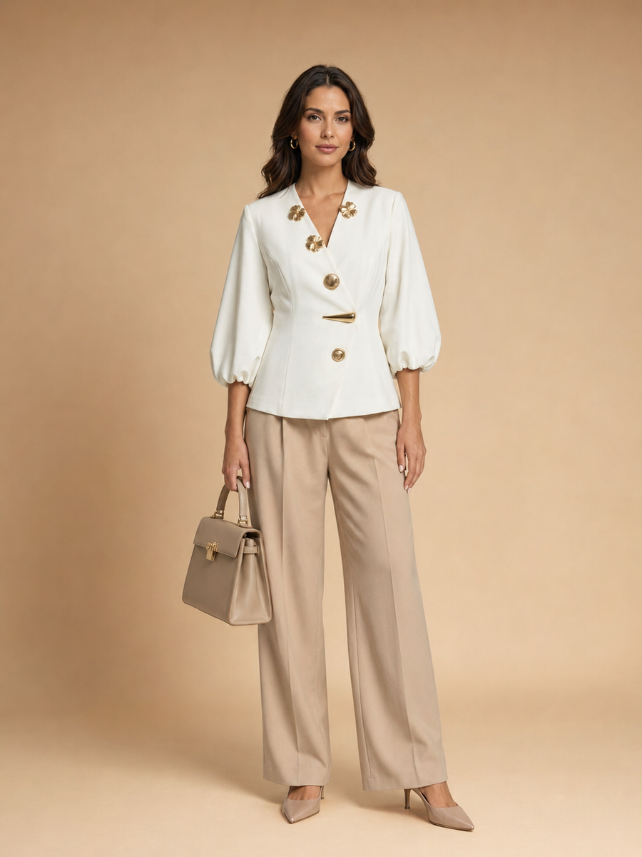 Keni - Metal-Button Puff-Sleeve Top White