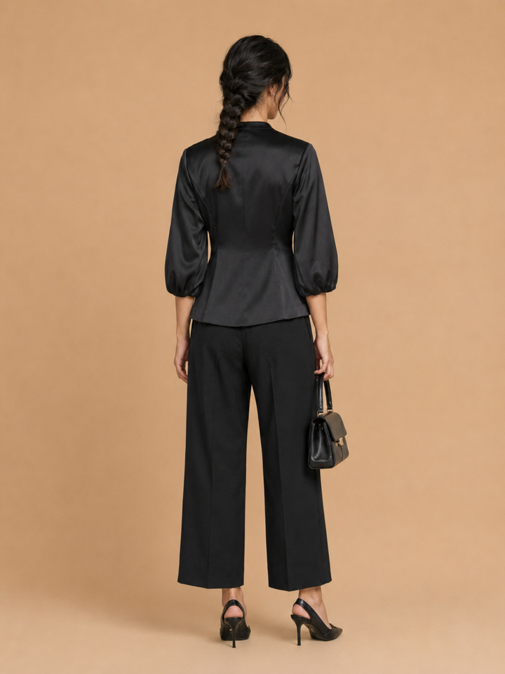 Keni - Metal-Button Puff-Sleeve Top Black