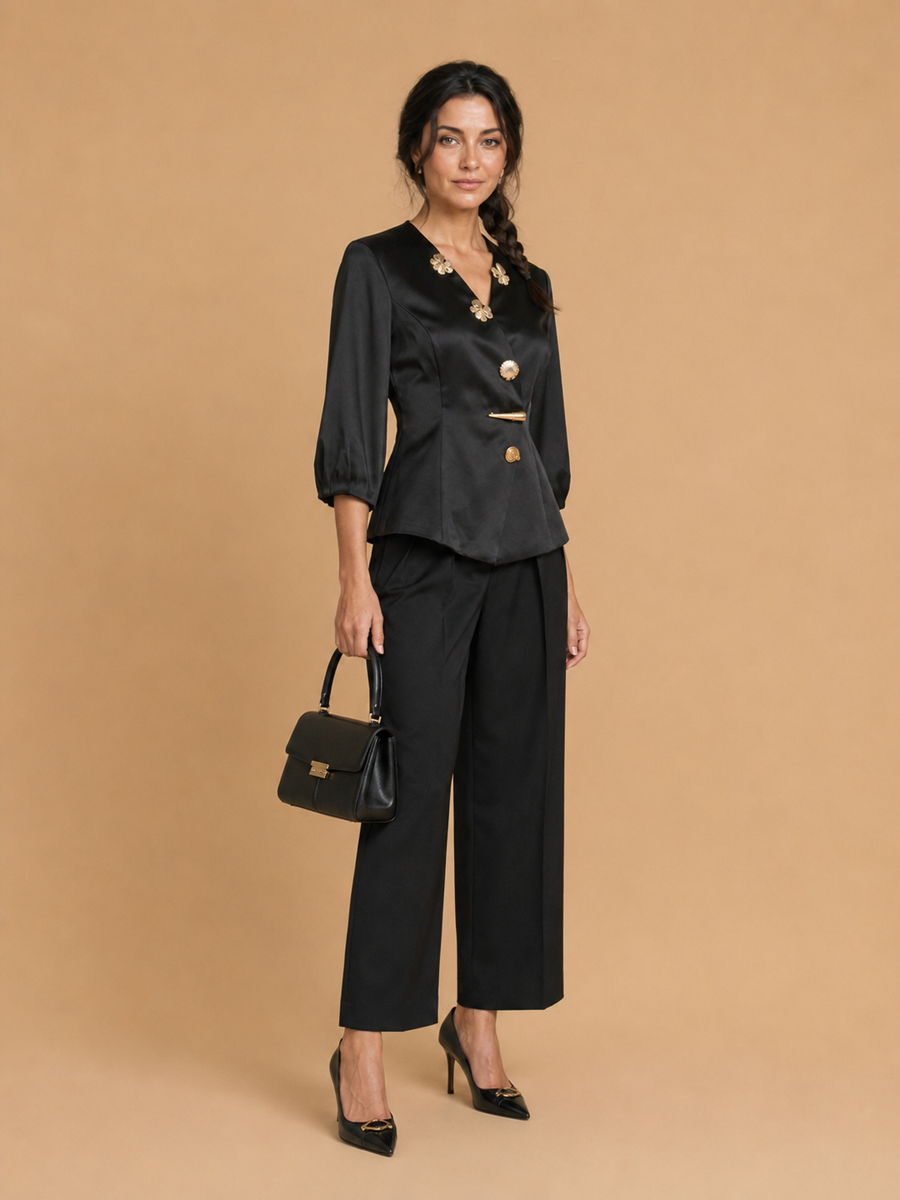Keni - Metal-Button Puff-Sleeve Top Black