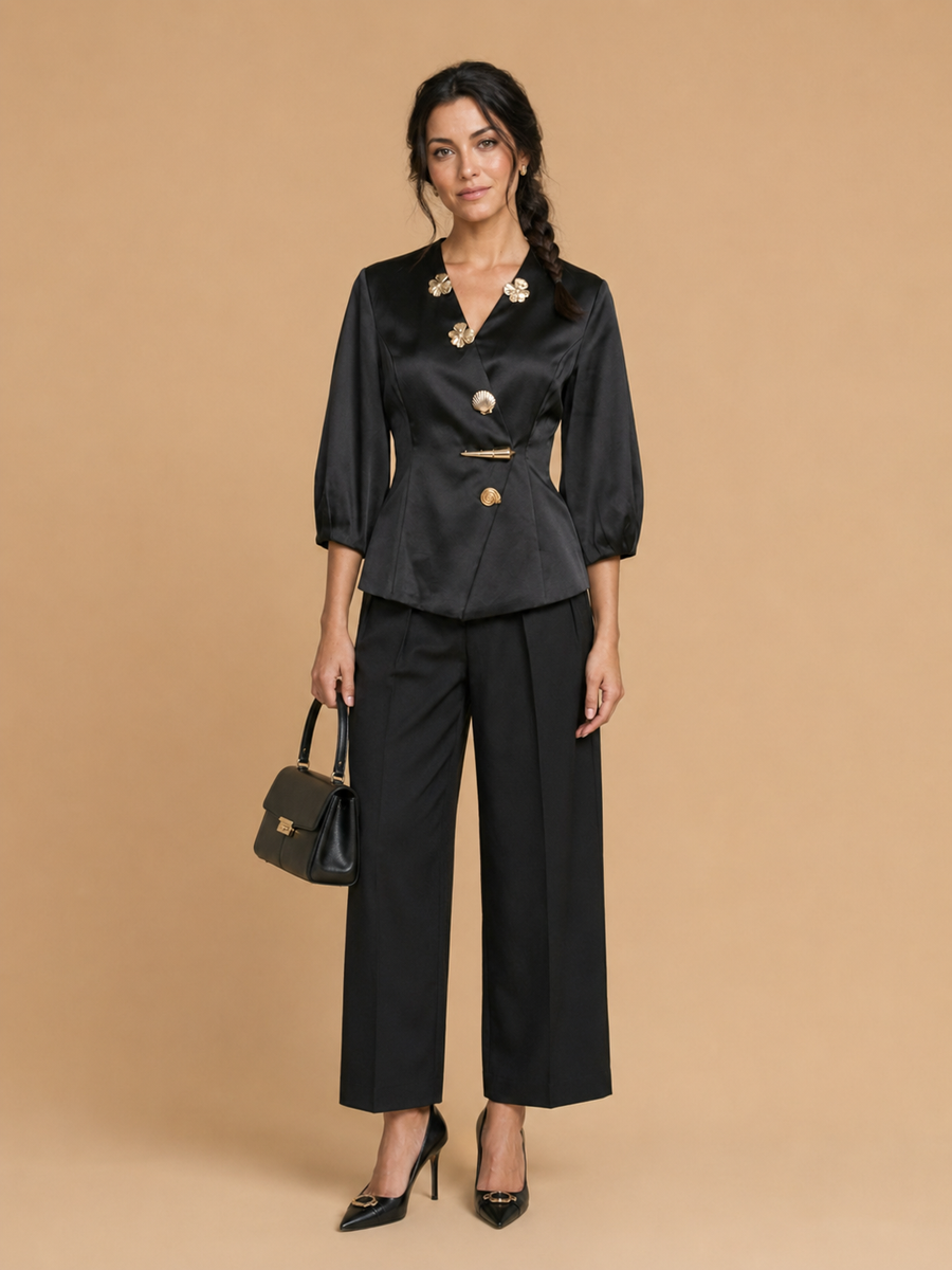 Keni - Metal-Button Puff-Sleeve Top Black