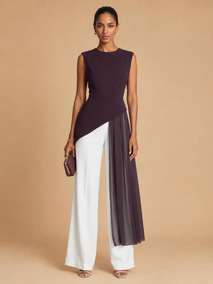 Mara - Asymmetrical Chiffon-Draped Peplum Top Burgundy