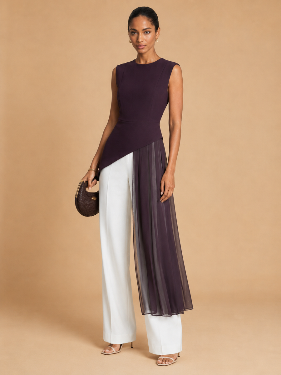 Mara - Asymmetrical Chiffon-Draped Peplum Top Burgundy