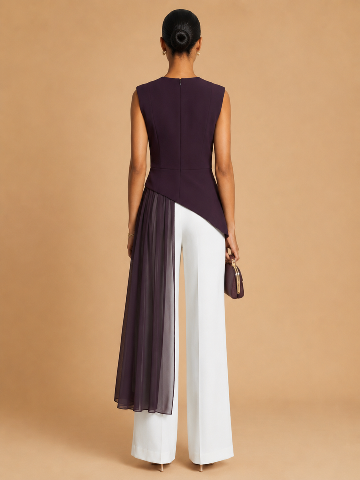 Mara - Asymmetrical Chiffon-Draped Peplum Top Burgundy