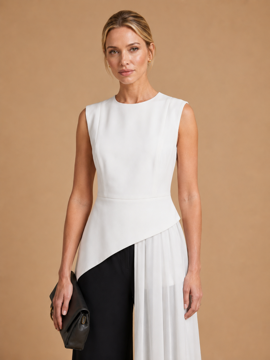 Mara - Asymmetrical Chiffon-Draped Peplum Top White