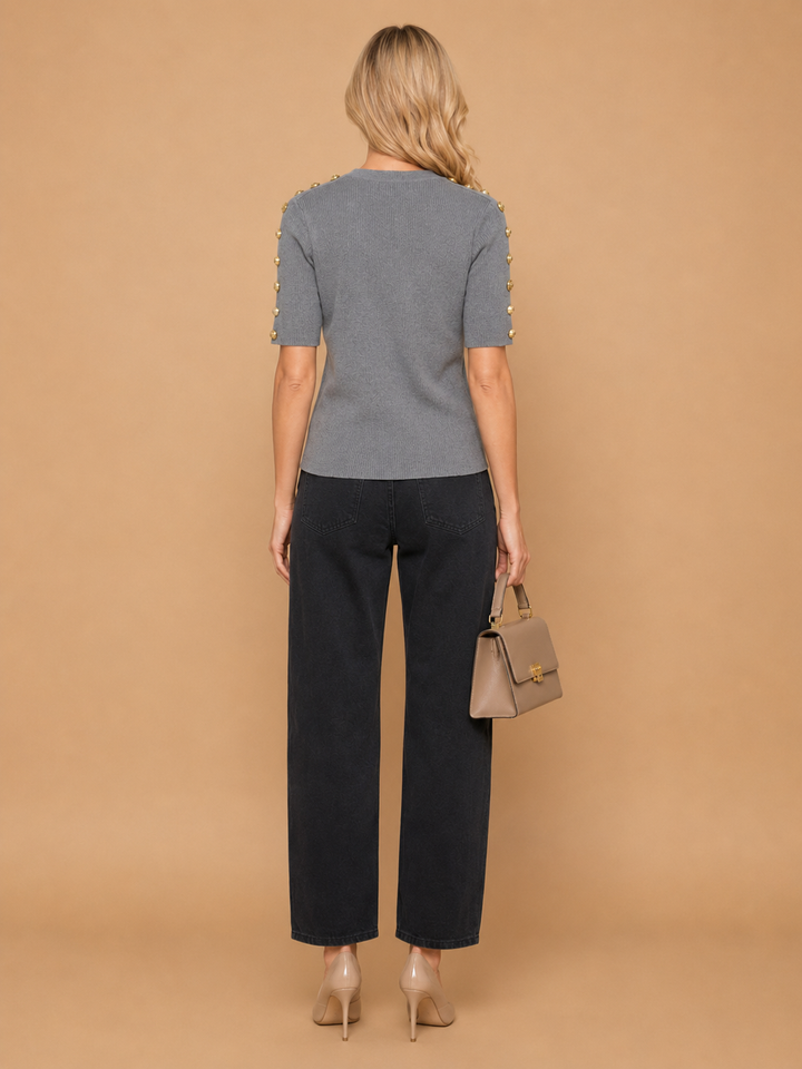 Avena - Metal Buckle Cotton Knitted T-shirt Gray