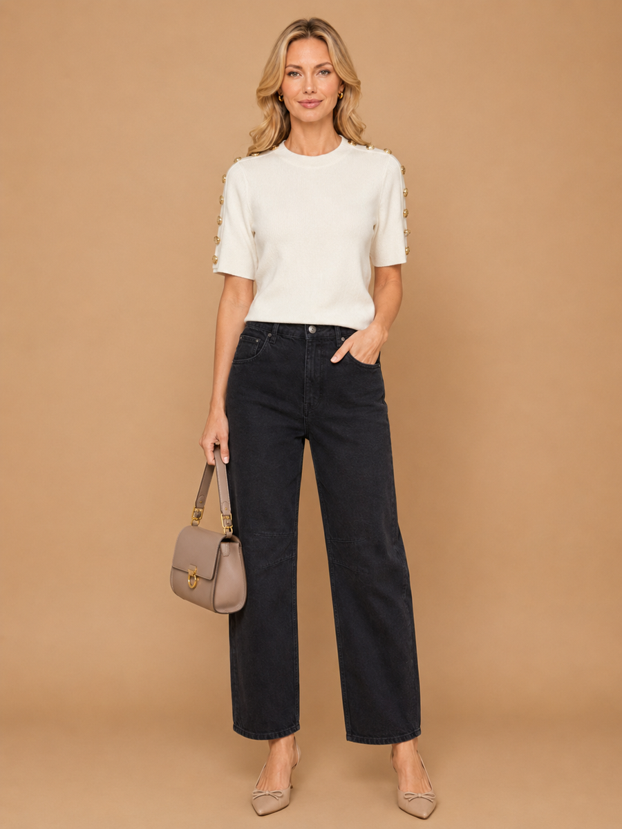 Avena - Metal Buckle Cotton Knitted T-shirt White