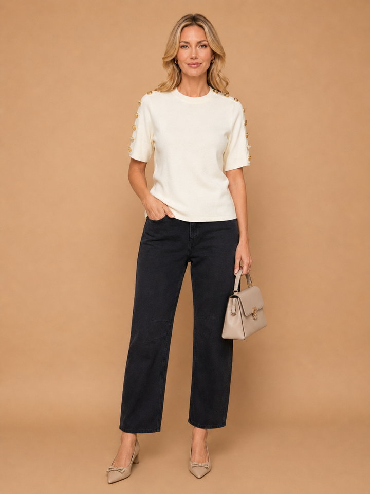 Avena - Metal Buckle Cotton Knitted T-shirt White