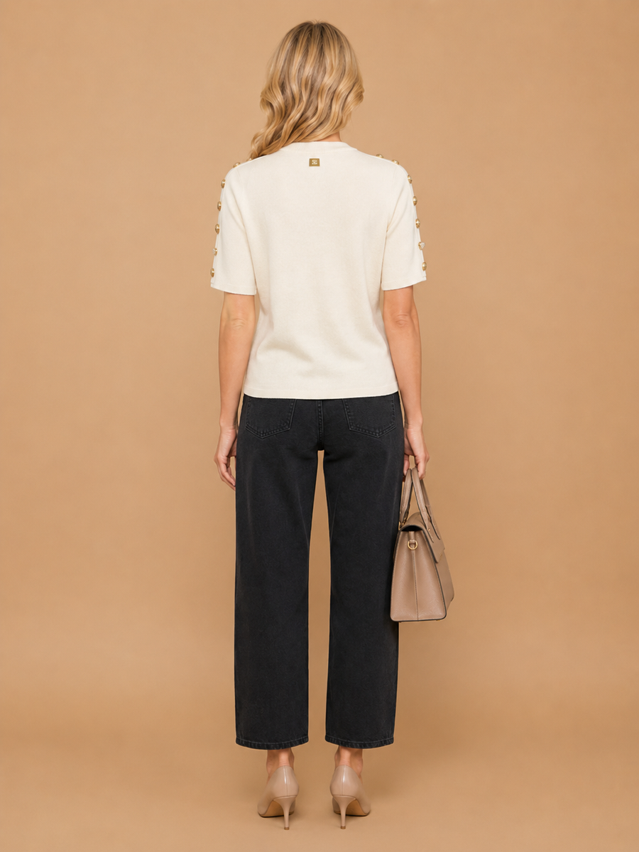 Avena - Metal Buckle Cotton Knitted T-shirt White