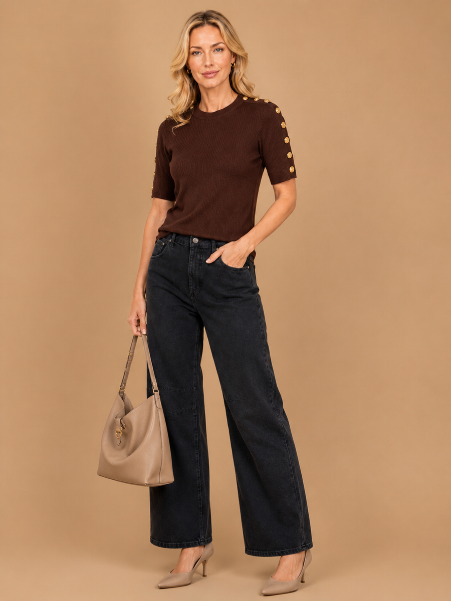 Avena - Metal Buckle Cotton Knitted T-shirt Brown