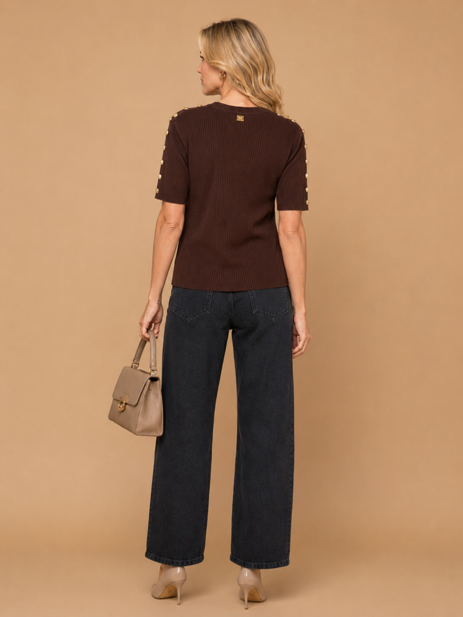 Avena - Metal Buckle Cotton Knitted T-shirt Brown