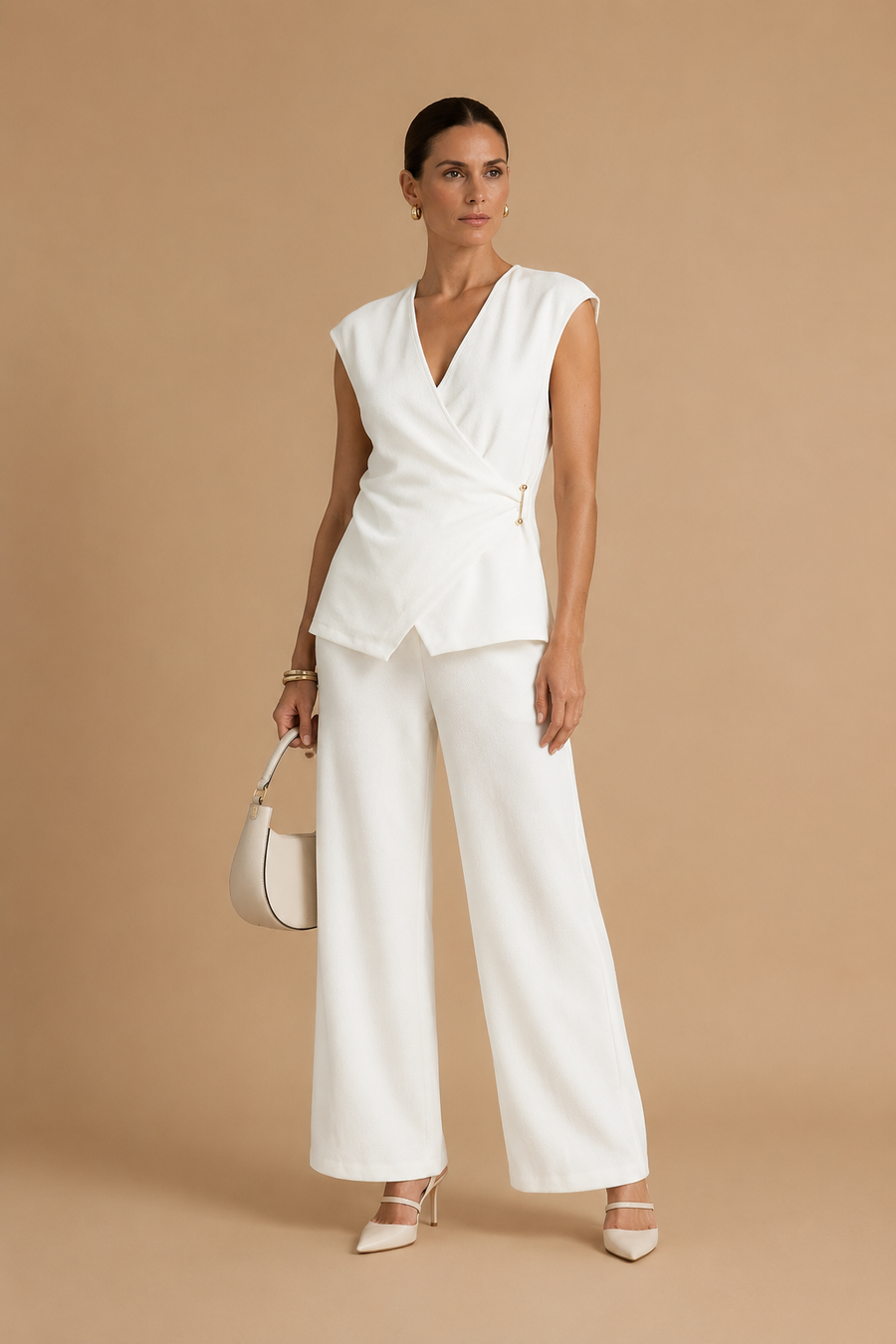 Liora - Ruched Pin-Accent Minimalist Top White