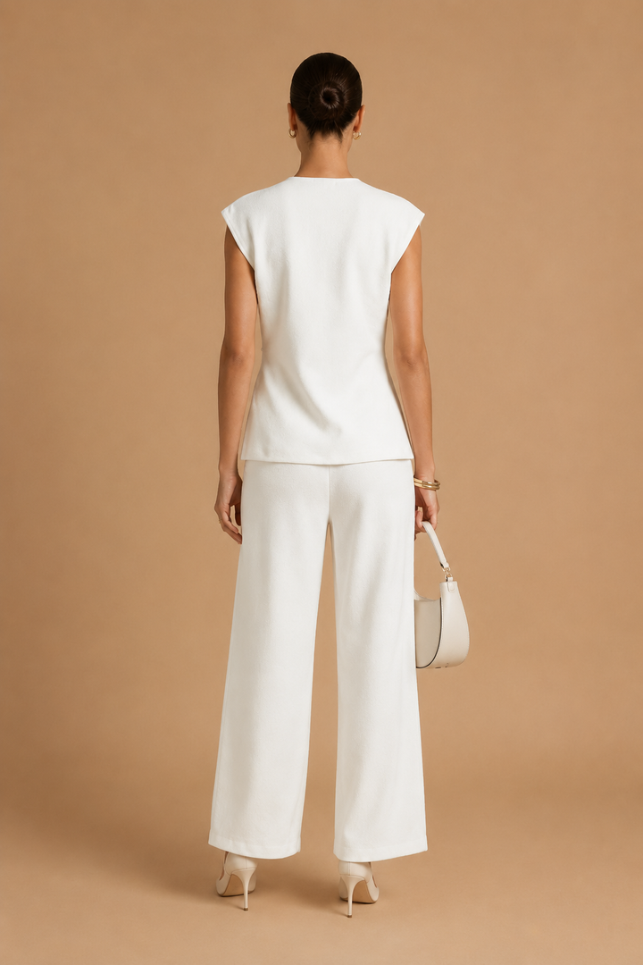 Liora - Ruched Pin-Accent Minimalist Top White