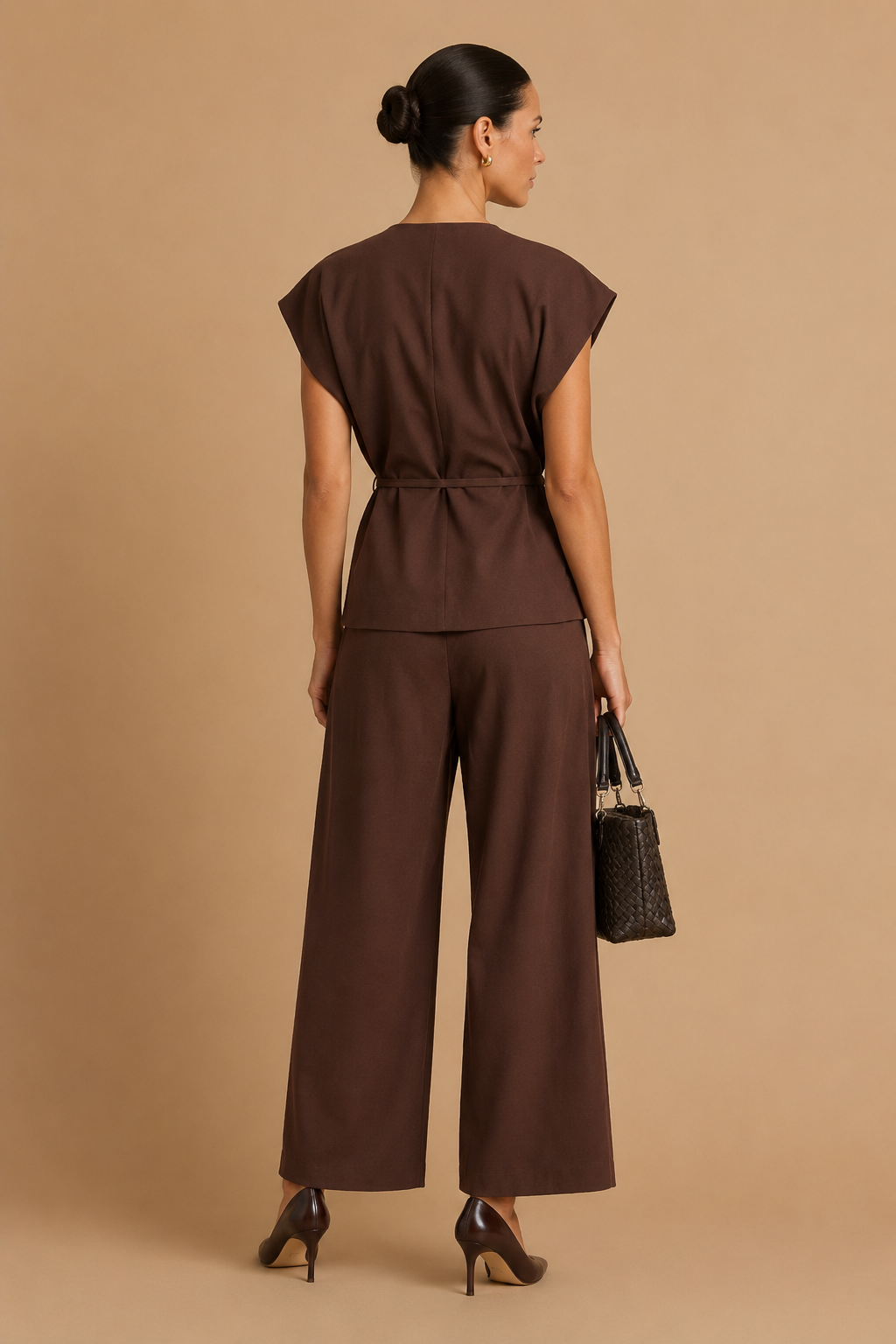 Epure - V-Neck Belted Sleeveless Top Burgundy