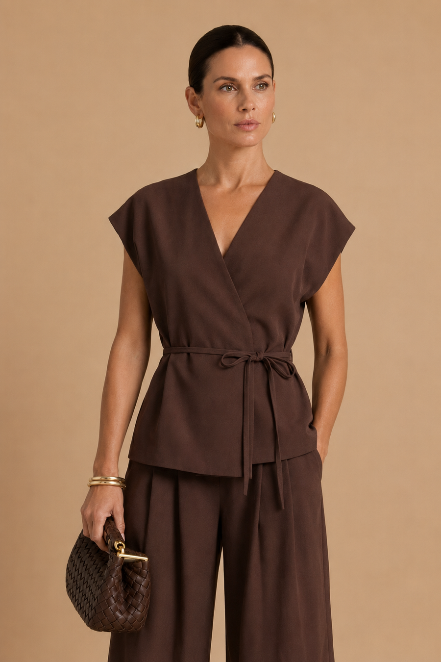 Epure - V-Neck Belted Sleeveless Top Brown