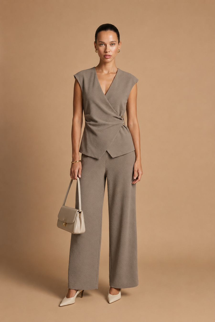 Liora - Ruched Pin-Accent Minimalist Top Light Brown