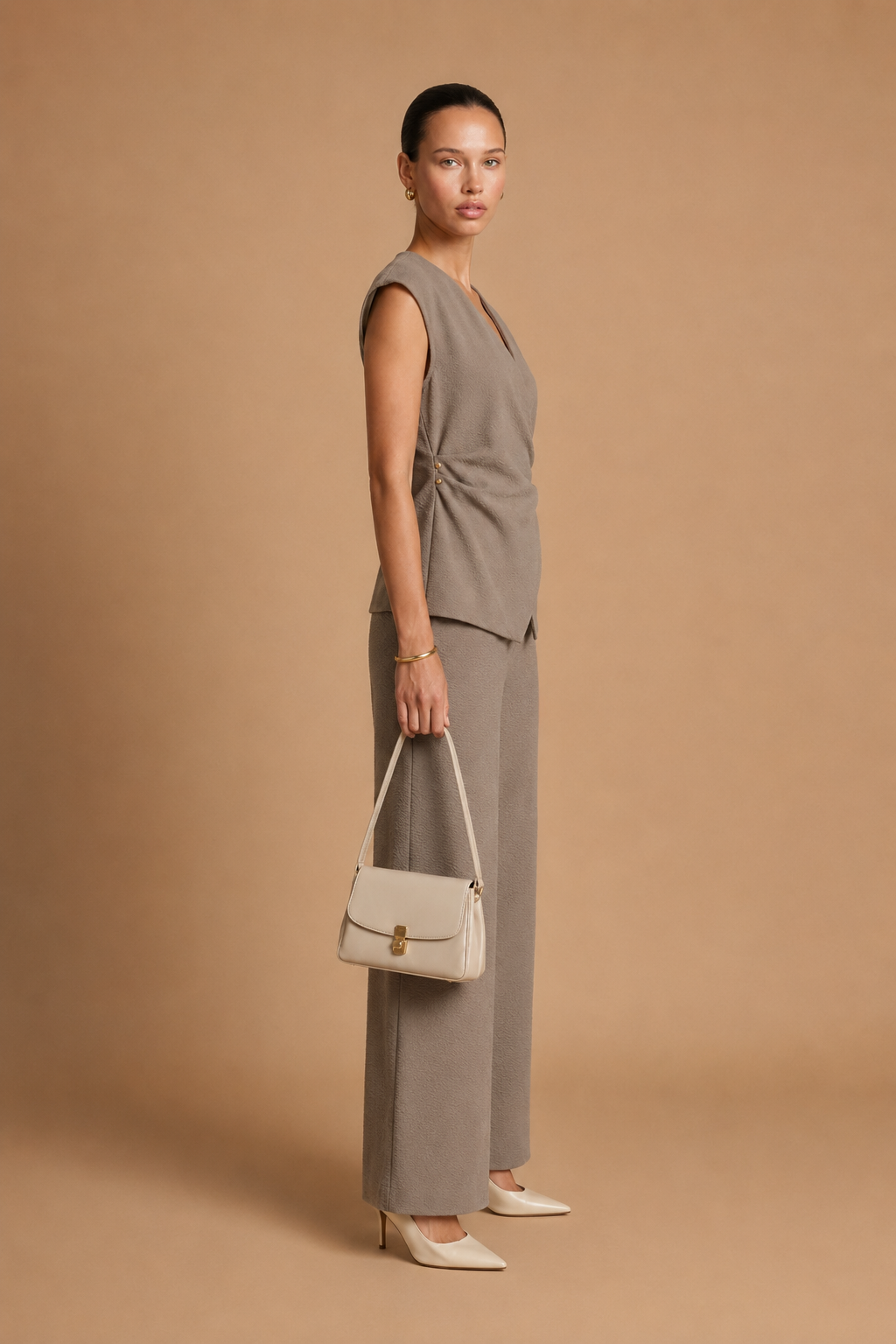 Liora - Ruched Pin-Accent Minimalist Top Light Brown