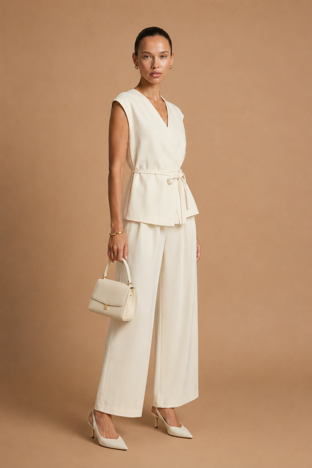 Epure - V-Neck Belted Sleeveless Top Ivory
