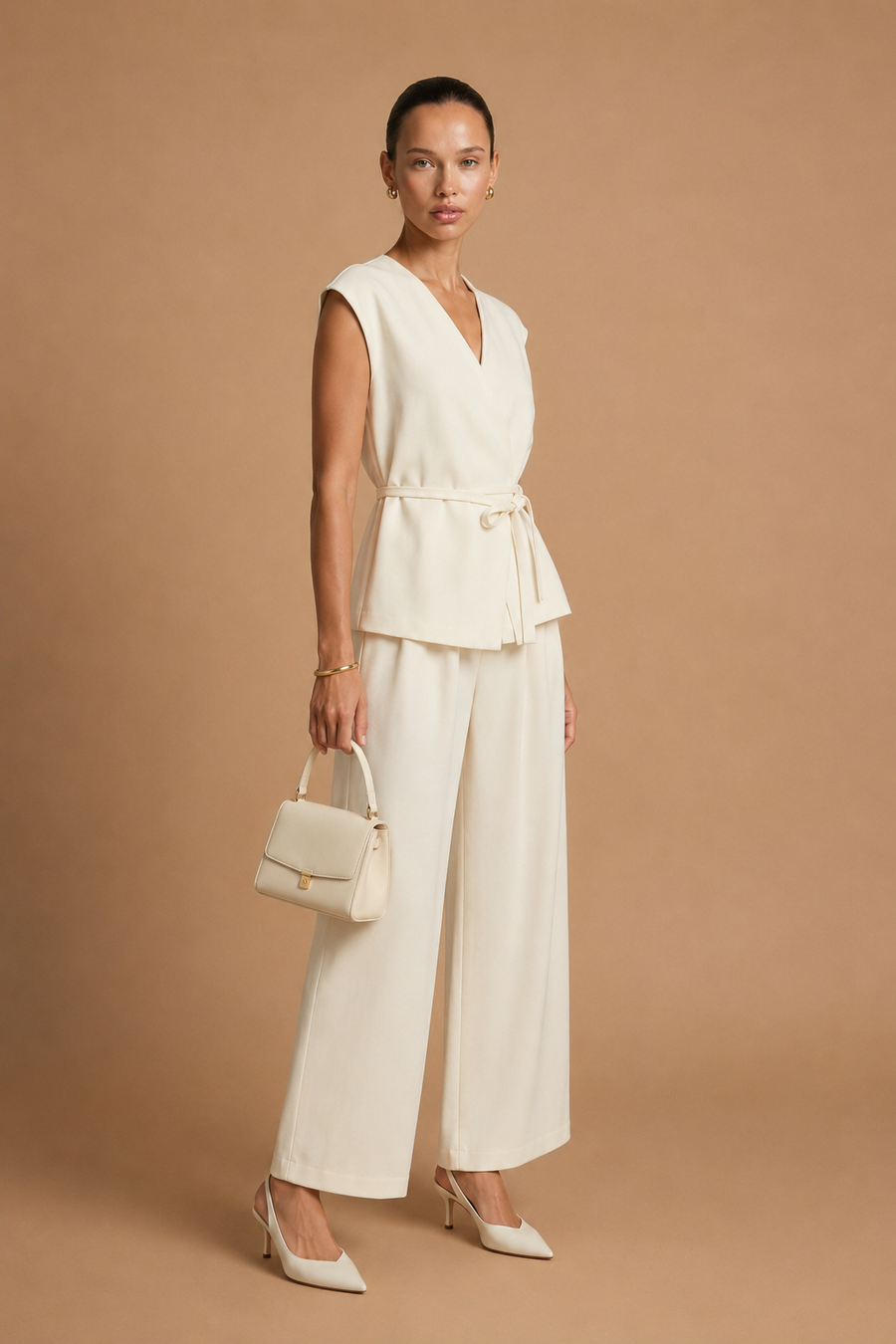 Epure - V-Neck Belted Sleeveless Top Ivory