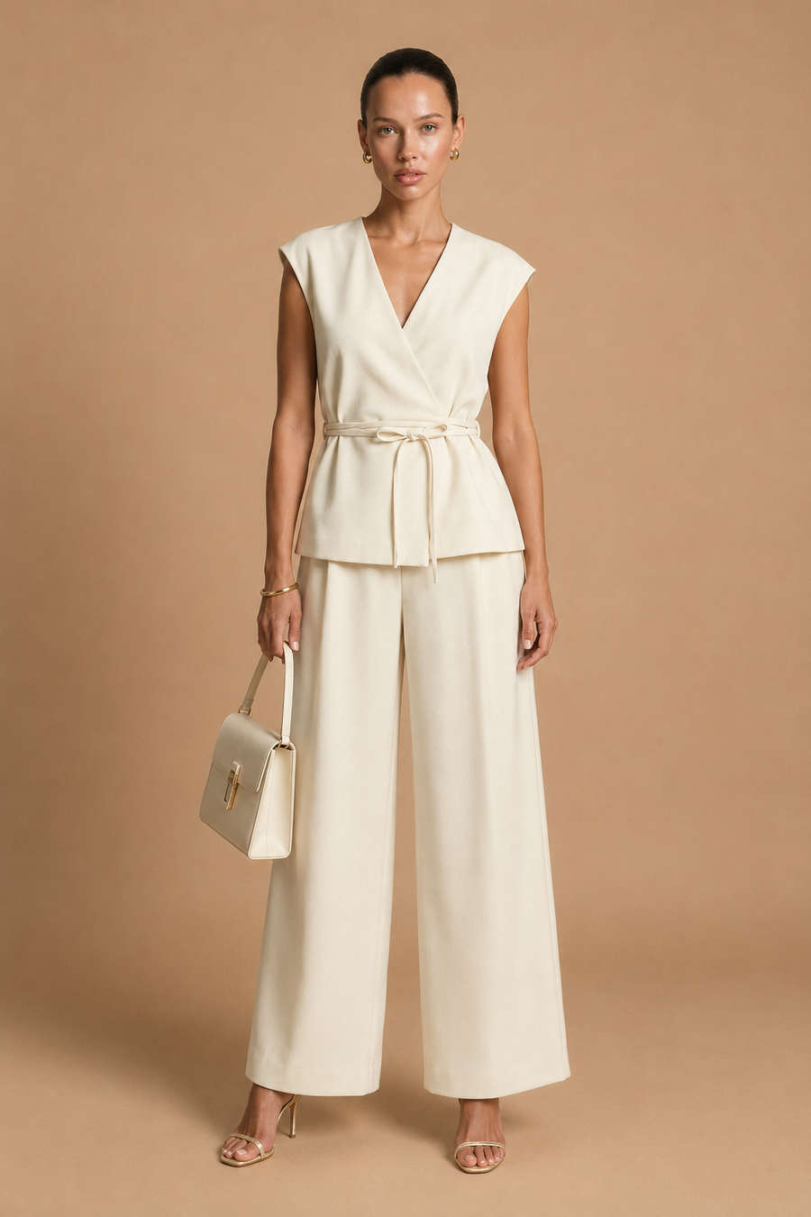 Epure - V-Neck Belted Sleeveless Top Ivory