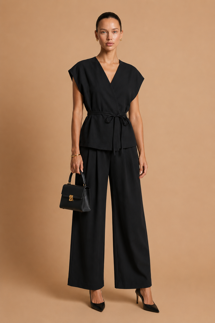 Epure - V-Neck Belted Sleeveless Top Black
