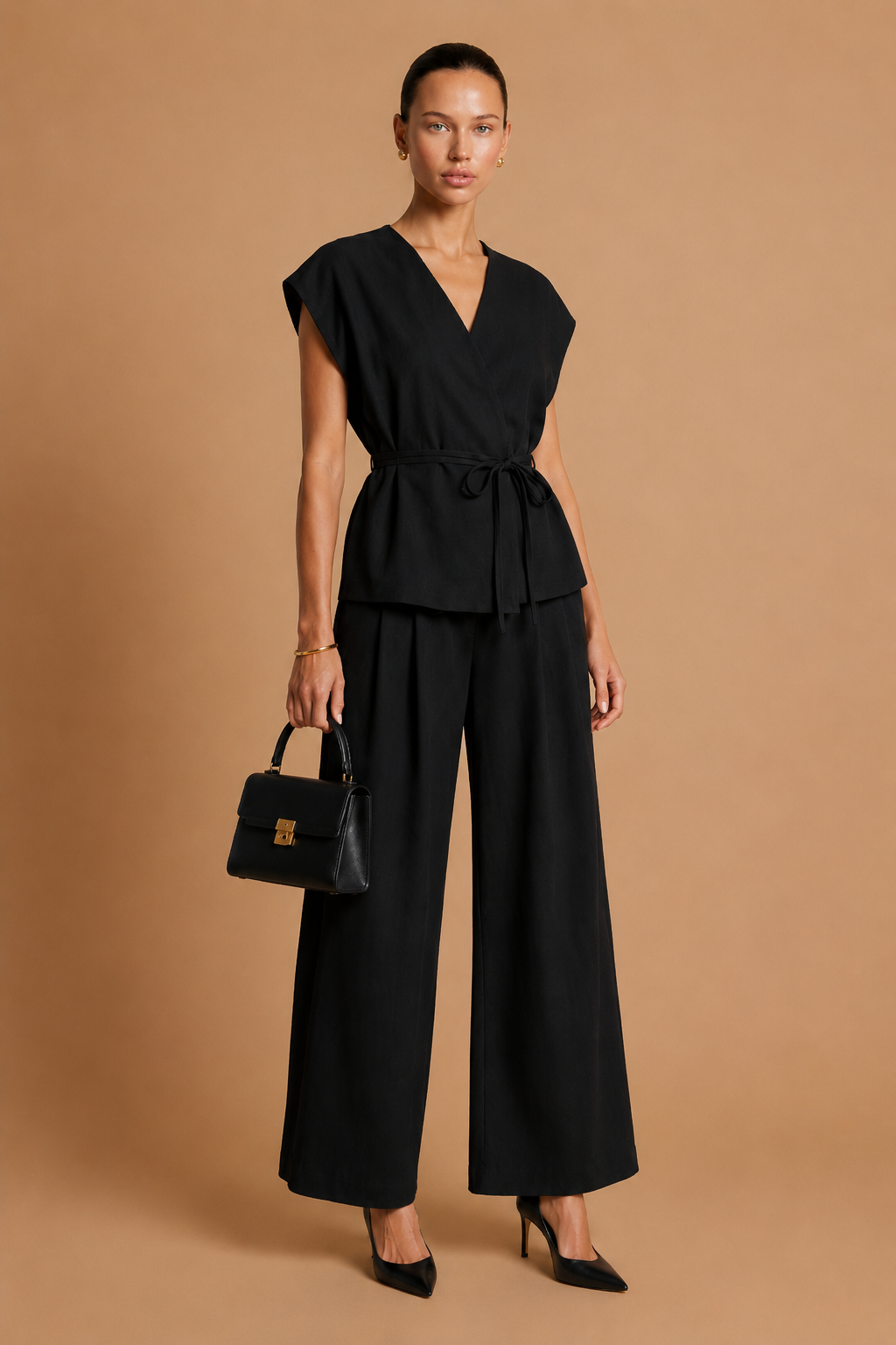 Epure - V-Neck Belted Sleeveless Top Black