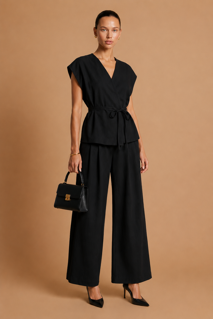 Epure - V-Neck Belted Sleeveless Top Black
