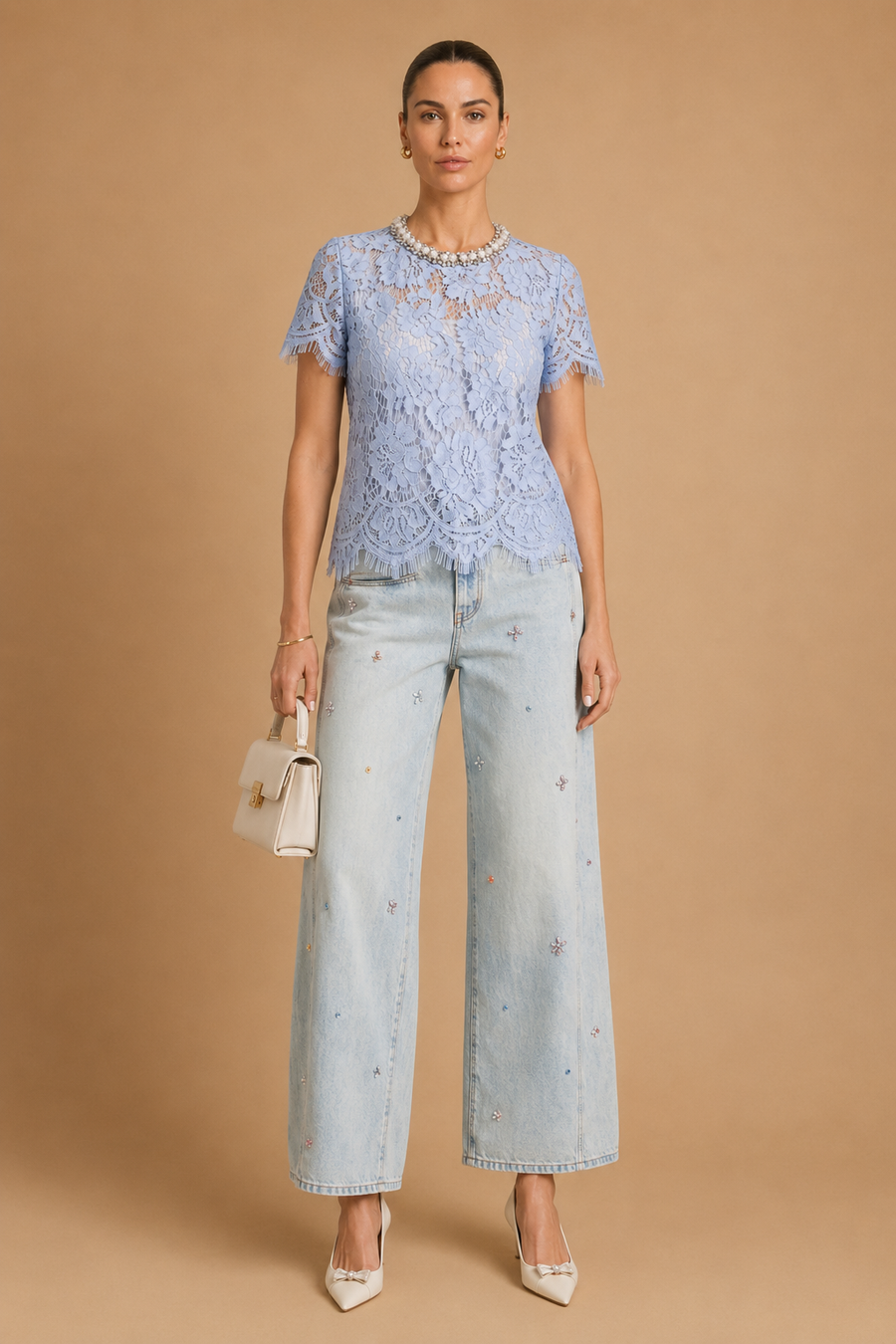 Boni - Crystal-Embellished Guipure Lace Blouse Baby Blue