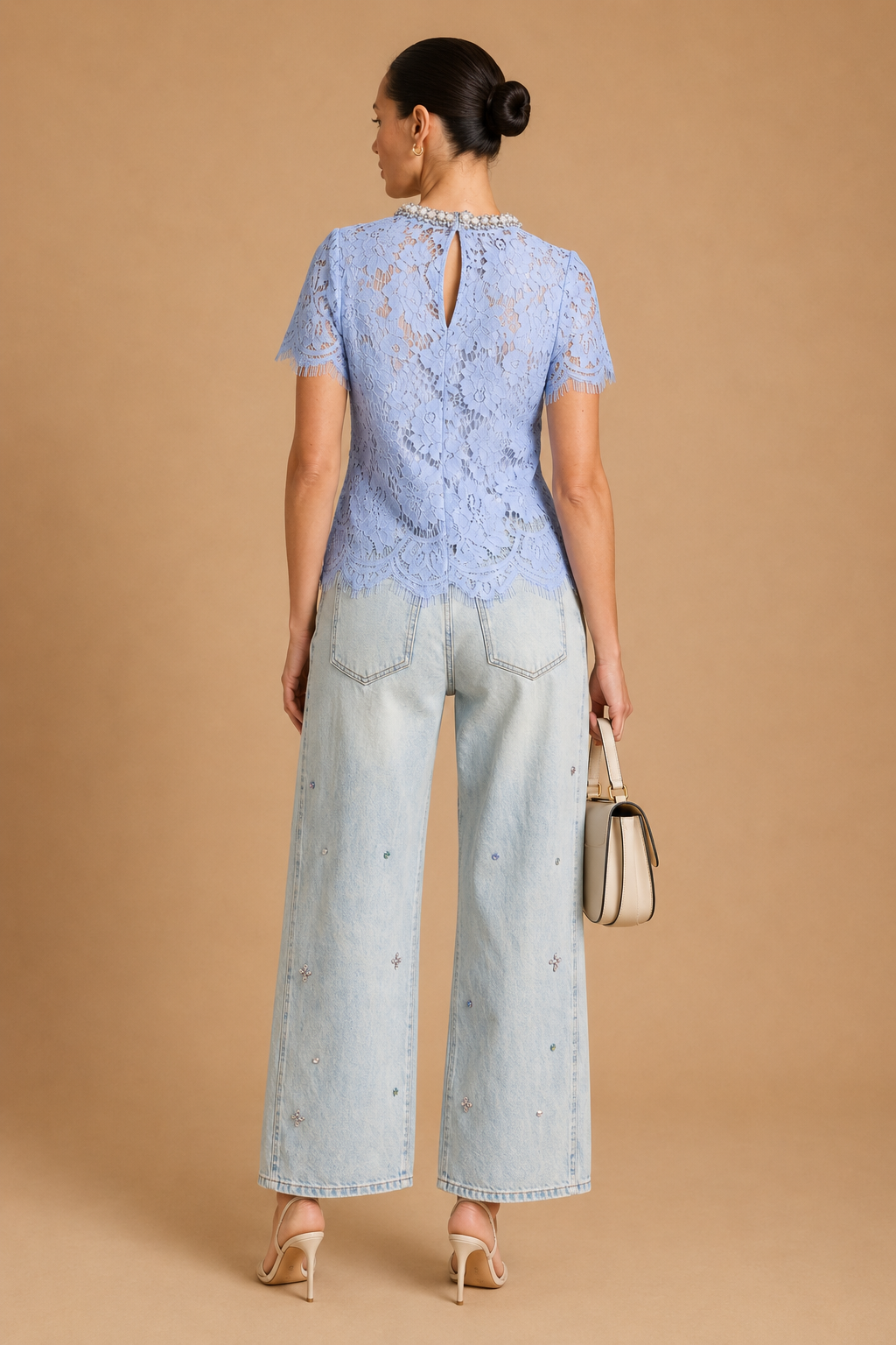 Boni - Crystal-Embellished Guipure Lace Blouse Baby Blue