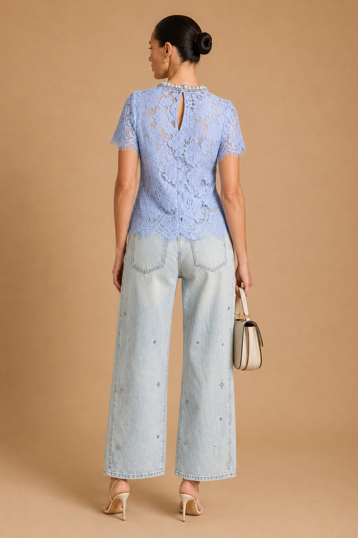 Boni - Crystal-Embellished Guipure Lace Blouse Baby Blue