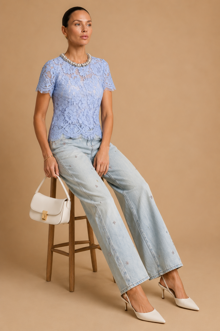 Boni - Crystal-Embellished Guipure Lace Blouse Baby Blue