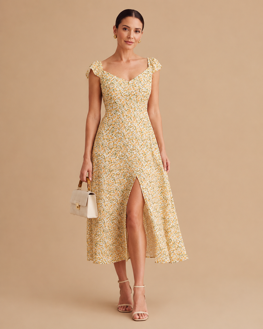 The Yellow V Neck Floral Slit Midi Dress