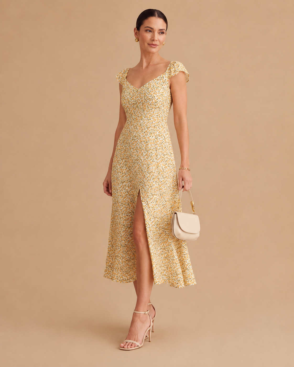 The Yellow V Neck Floral Slit Midi Dress