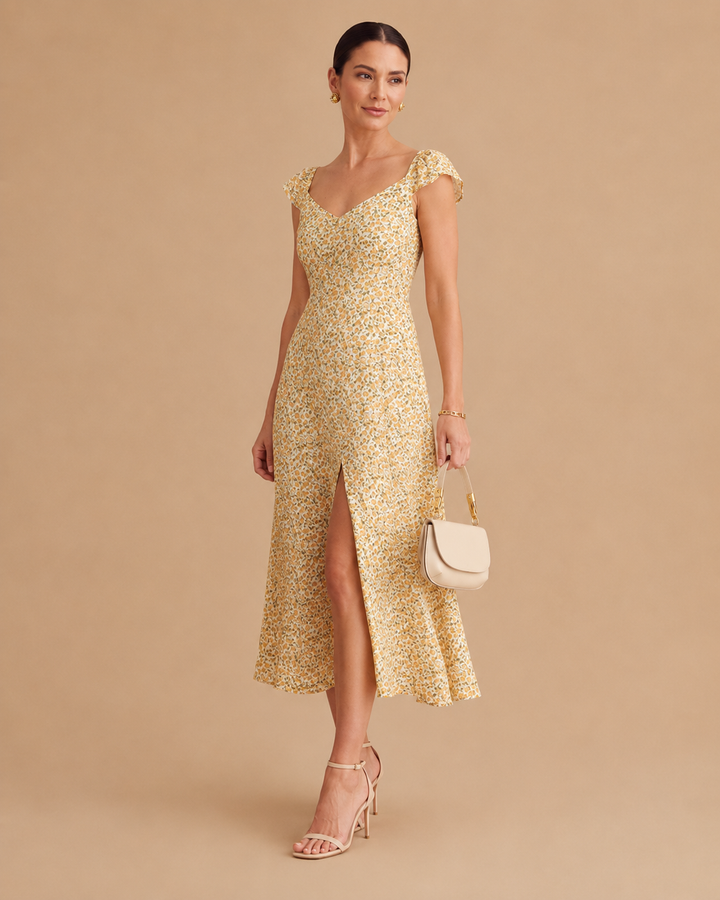 The Yellow V Neck Floral Slit Midi Dress