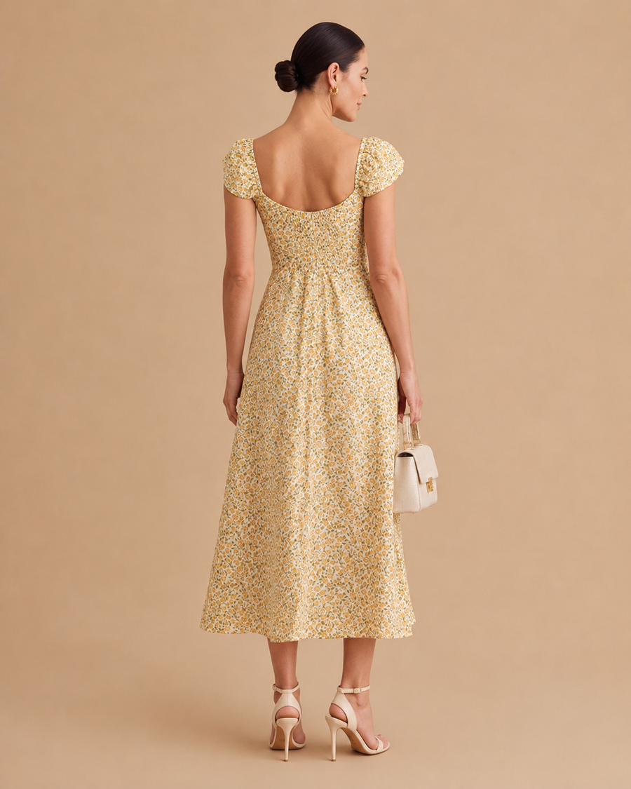 The Yellow V Neck Floral Slit Midi Dress