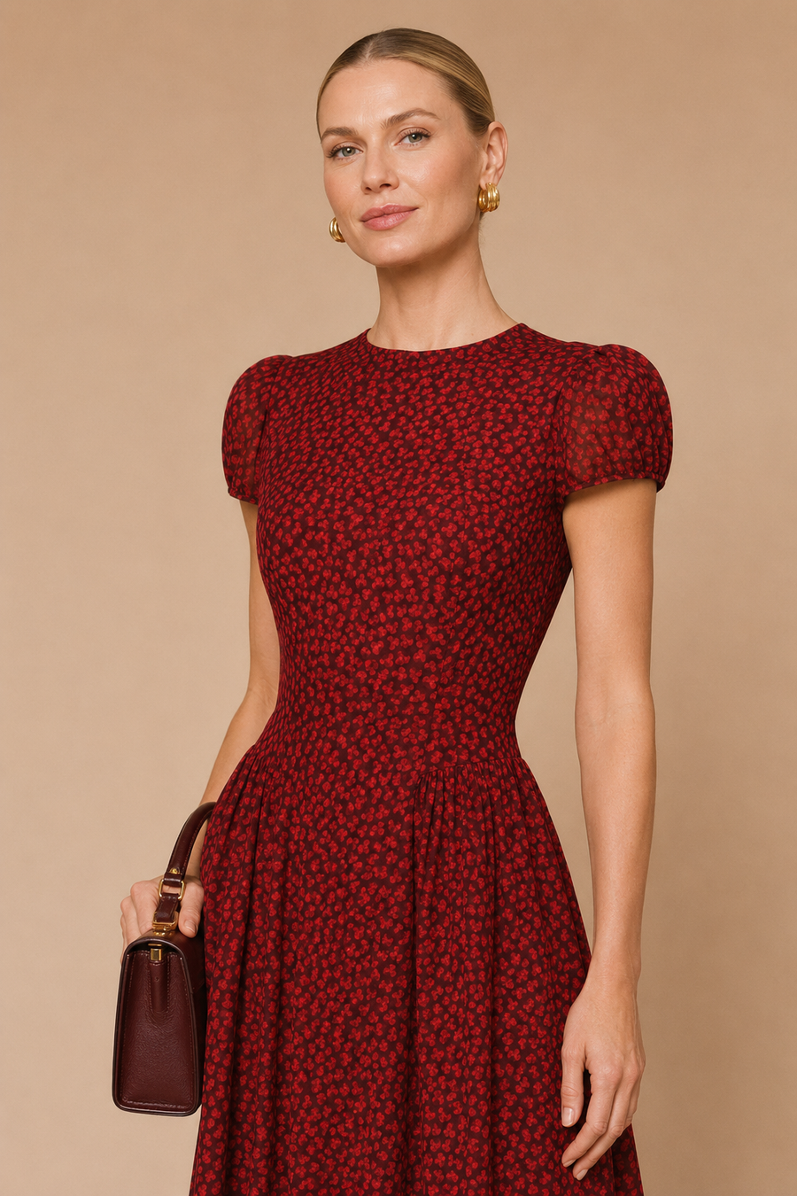 Red Cap Sleeve Floral Maxi Dress